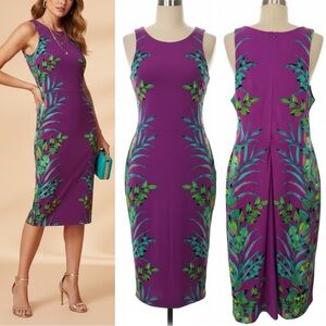 515 Nicole Miller | NWOT Magenta Tropical Leaf Print Sheath Midi Dress (Sz S)